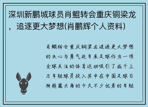 深圳新鹏城球员肖鲲转会重庆铜梁龙，追逐更大梦想(肖鹏辉个人资料)