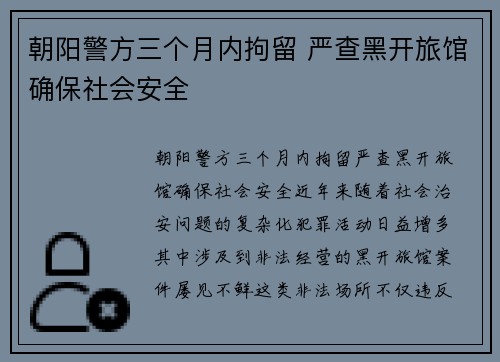 朝阳警方三个月内拘留 严查黑开旅馆确保社会安全