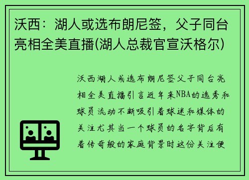 沃西：湖人或选布朗尼签，父子同台亮相全美直播(湖人总裁官宣沃格尔)