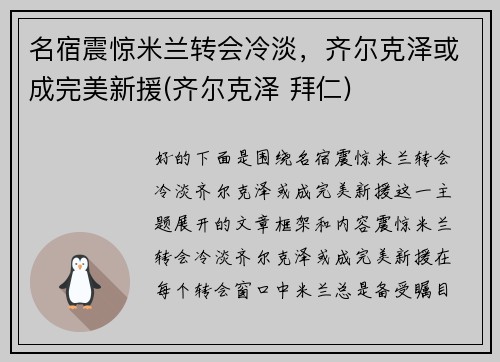 名宿震惊米兰转会冷淡，齐尔克泽或成完美新援(齐尔克泽 拜仁)